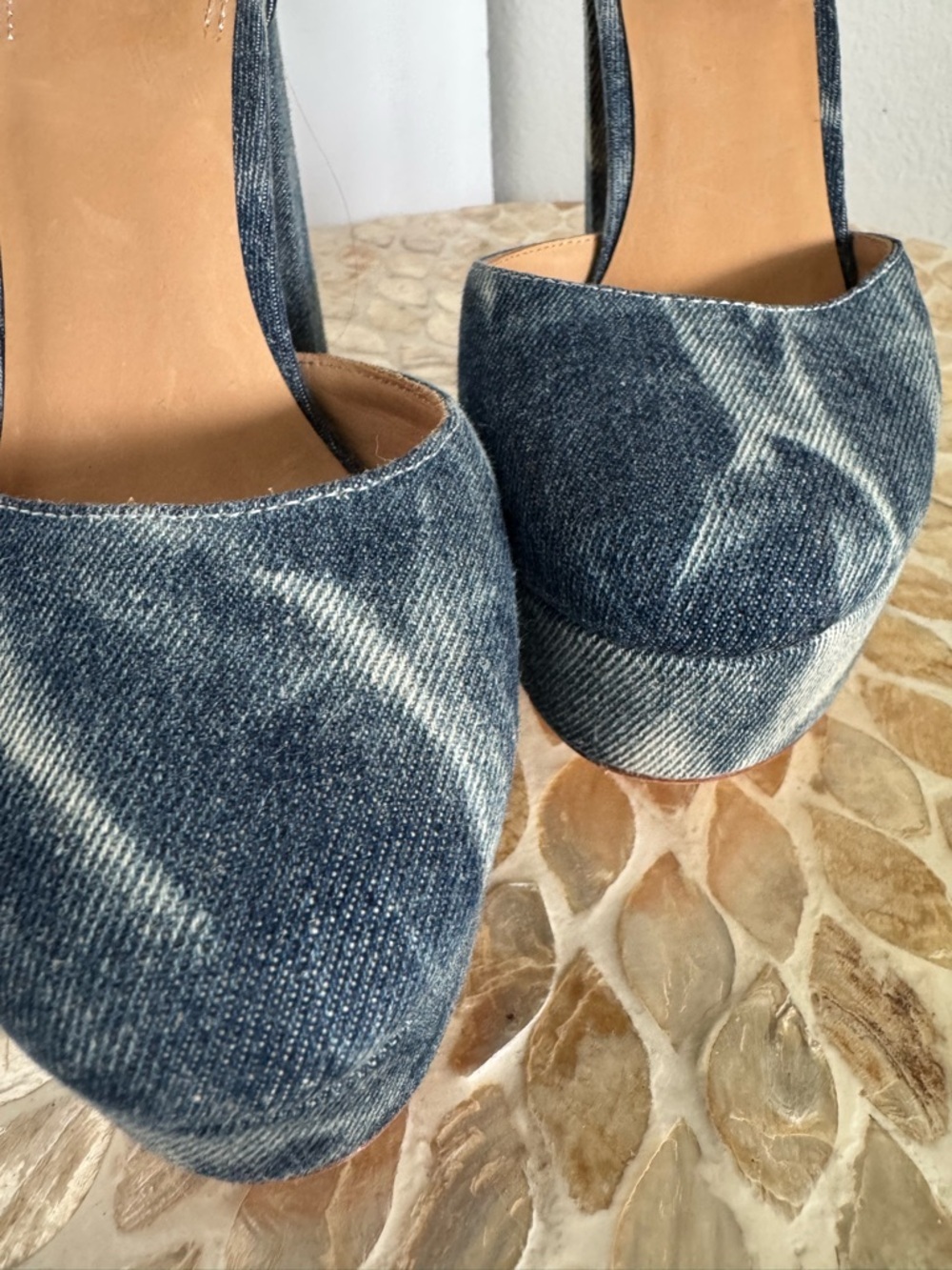 Bill Blass Blue Ellie Bleached Denim Tie-Dye Platform Ankle-Strap Heels - Picture 9 of 15